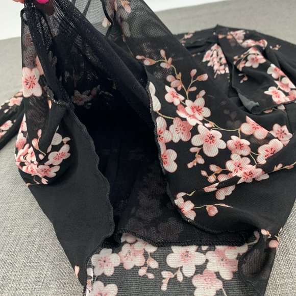 Jessica Max Floral Black Blouse Long Sleeve Mesh Material Tie on the side Neck - Picture 9 of 13